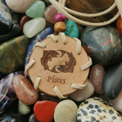 pisces star sign necklace, wooden disc engraved necklace, zodiac sign